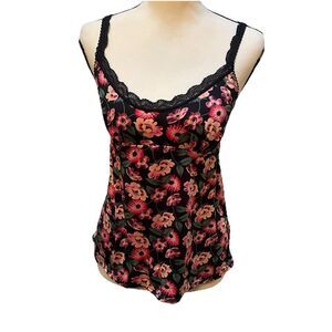Y2K Floral Lace Trim Cami Top S Black Pink Coquette Babydoll Fairy Grunge Tank